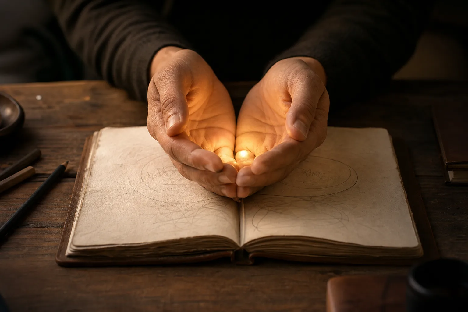 Hands holding a small warm light over an open journal with circular sketches.