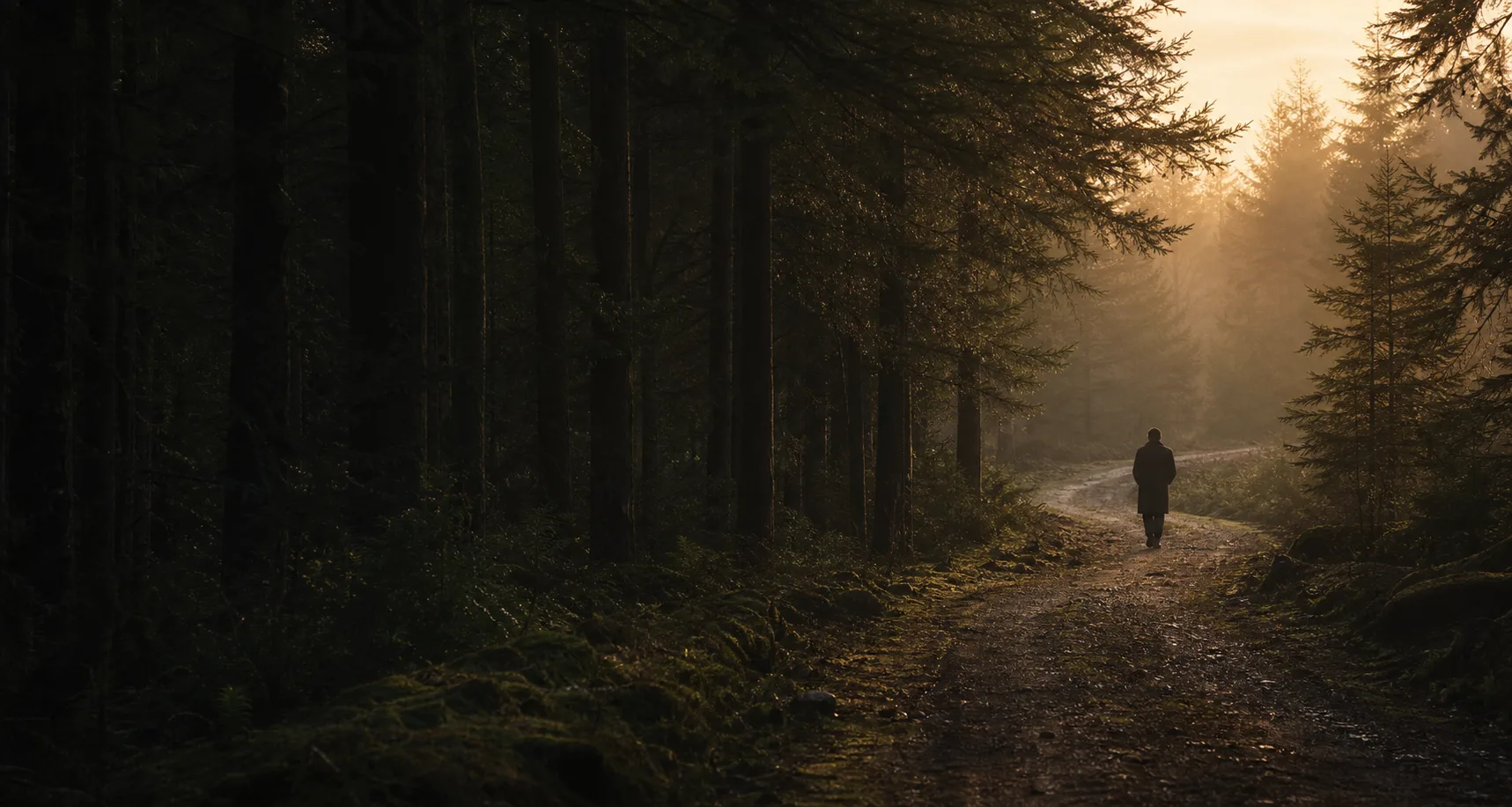 A lone traveller walking along a misted forest path at dawn.
